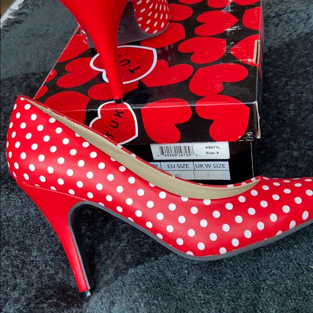 TUK red and white polka dot heels